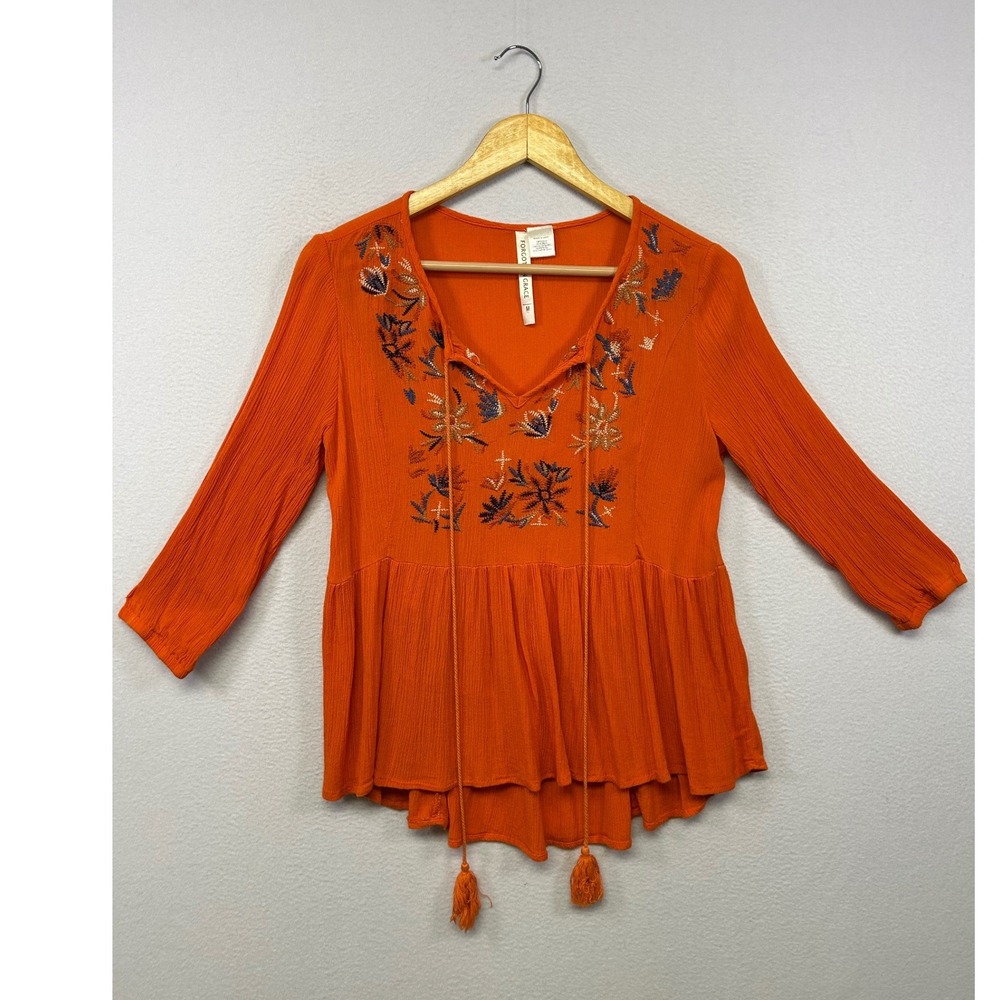 Boho Peasant Forgotten Grace Womens Medium Orange Embroidered Tassel Peplum Top